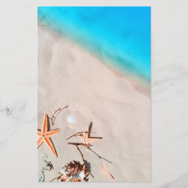 Sandy Tropical Beach Starfish Seashell Stationery (Front)