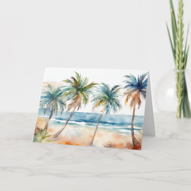 Sandy Watercolor Tropical Beach, Palm Trees Card (Front)