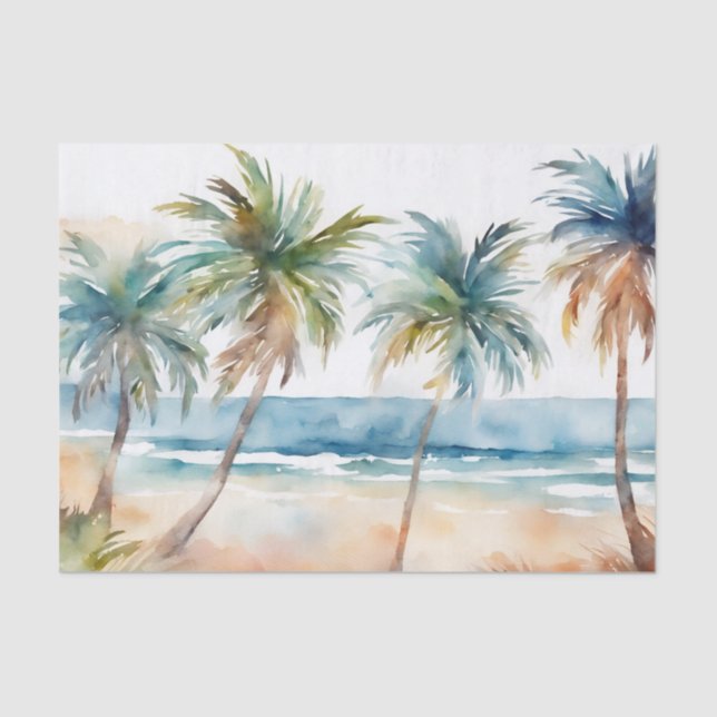 Sandy Watercolor Tropical Beach, Palm Trees Tissue Paper (Front)