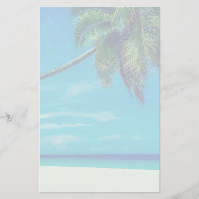 Sandy White Beach with Tropical Palm Tree Stationery (Front)