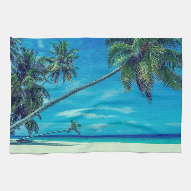 Sandy White Beach with Tropical Palm Trees Tea Towel (Horizontal)