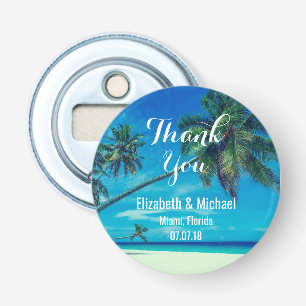 Sandy White Beach with Tropical Palm Trees Wedding Bottle Opener