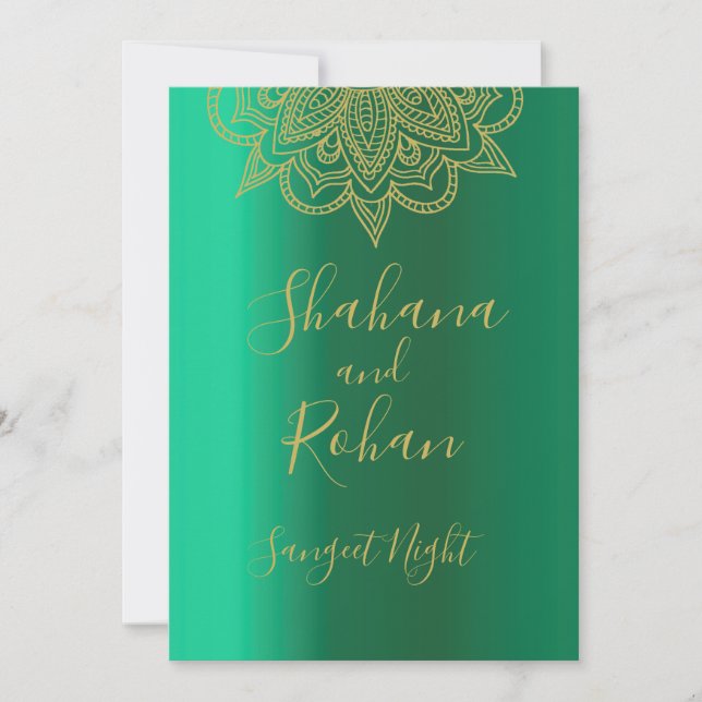 Sangeet Indian Style Green Gold Colour Modern Invitation (Front)