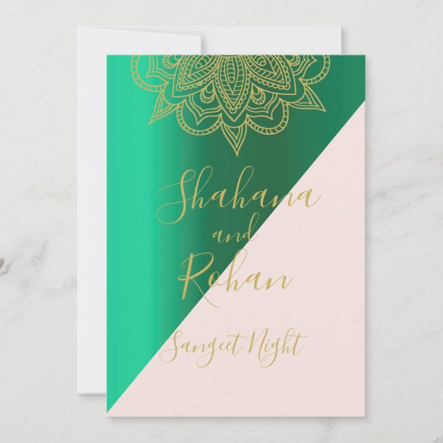 Sangeet Indian Style Green Pink Gold Colour Modern Invitation (Front)