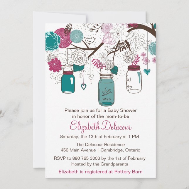 Sangria and Teal Mason Jars Baby Shower Invitation (Back)