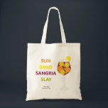 Sangria Bachelorette Party Beach Weekend Tote Bag<br><div class="desc">This tote bag features a colourful illustration of a sangria glass and the words: Sun,  Sand,  Sangria,  Slay. Gift them to all your girls for your bachelorette party or wedding weekend. Customise with your information and change any wording to suit your style.</div>