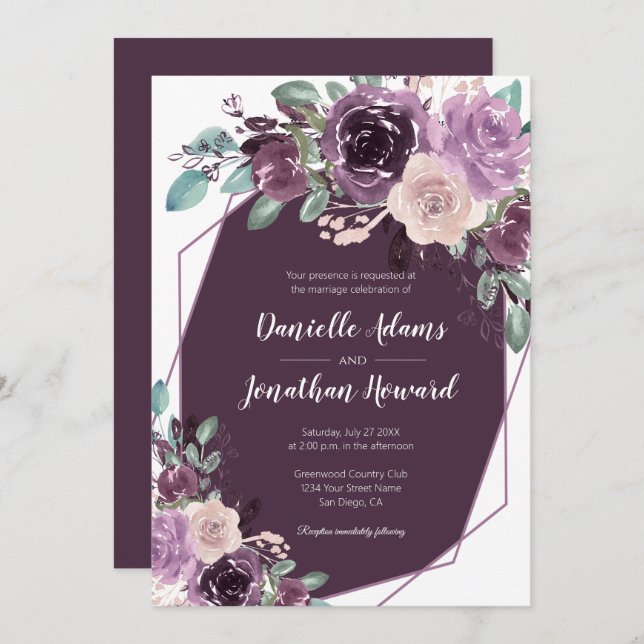 Sangria Dark Purple Floral Geometric Wedding | Invitation (Front/Back)