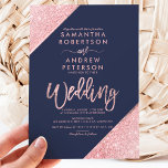 Sangria glitter typography navy blue wedding invitation<br><div class="desc">Sangria glitter colour block typography on customisable navy blue and faux silver geometric stripes chic wedding ,  perfect for elegant,  luxurious wedding, </div>