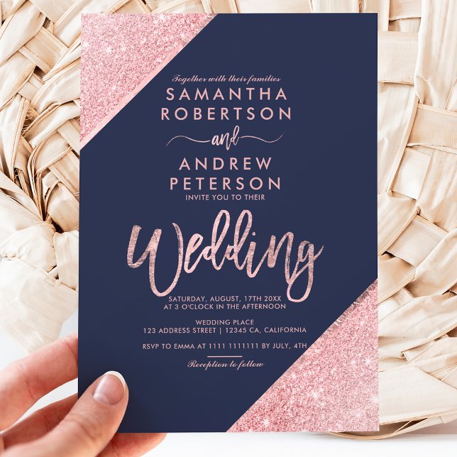 Sangria glitter typography navy blue wedding invitation (Creator Uploaded)