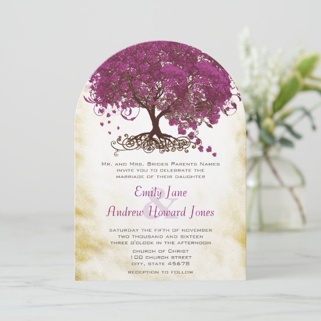 Sangria Heart Leaf Tree Wedding Invites (Standing Front)