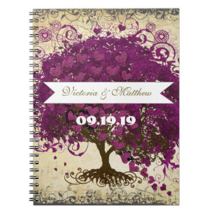 Sangria Magenta Purple Heart Leaf Wedding Spiral Notebook