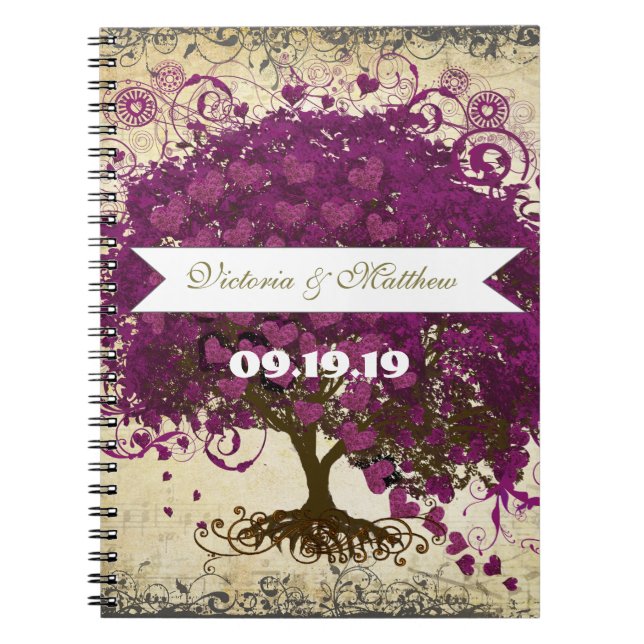Sangria Magenta Purple Heart Leaf Wedding Spiral Notebook (Front)