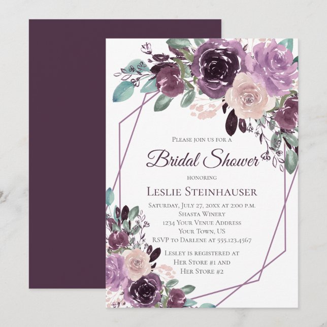 Sangria Purple Mauve Watercolor Bridal Shower Invitation (Front/Back)