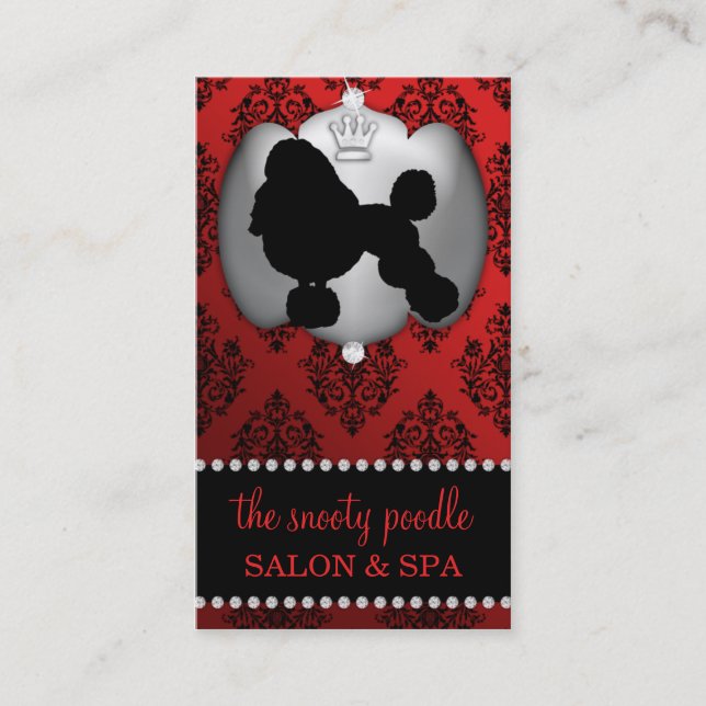 Sangria Red Jewelled Damask Dog Grooming/Spa Business Card (Front)