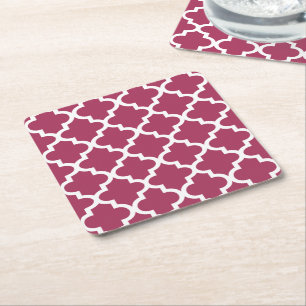 Sangria Red Moroccan Tile Trellis Pattern Square Paper Coaster