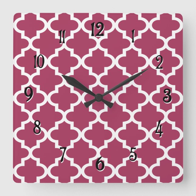 Sangria Red Moroccan Tile Trellis Pattern Square Wall Clock (Front)