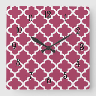 Sangria Red Moroccan Tile Trellis Pattern Square Wall Clock