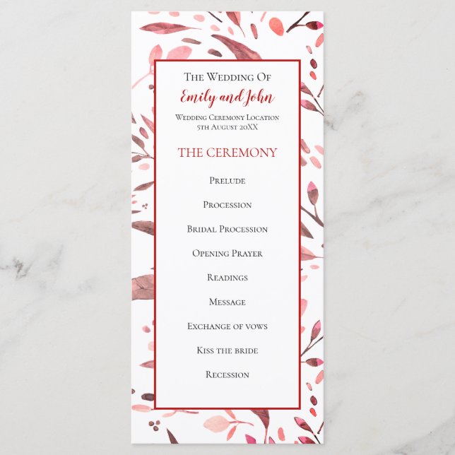 Sangria Red Watercolor Leaves Wedding Programme (Front)