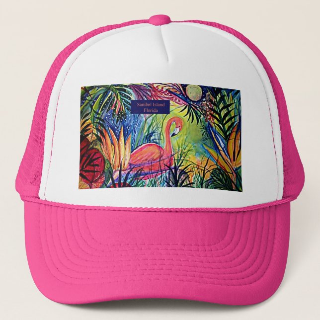 Sanibel Island Flamingo Art Trucker Hat (Front)