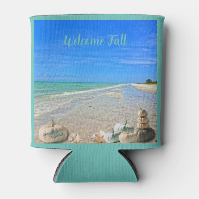 Sanibel Island Florida Beach with Fall Pumpkins  Can Cooler (Front)