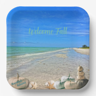 Sanibel Island Florida Beach with Fall Pumpkins  Paper Plate