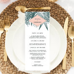 Sanibel | Tropical Botanical Wedding Menu Card<br><div class="desc">Tropical chic wedding menu features your starter courses, entrees and desserts in elegant off-black lettering, accented with vintage style palm frond illustrations in rich jasper green, and your names or text of choice displayed on a summery peach geometric element. Designed to coordinate with our Sanibel wedding collection for elegant beach...</div>