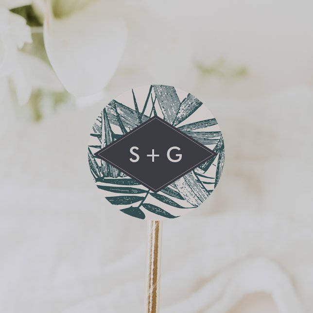 Sanibel | Vintage Tropical Wedding Monogram Classic Round Sticker (Creator Uploaded)
