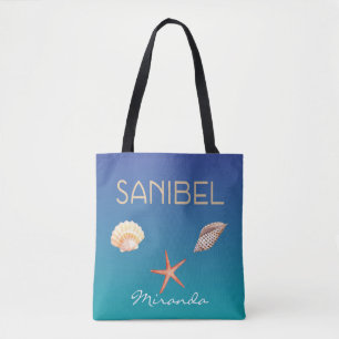 Sanibel with seashells on blue and custom name tote bag