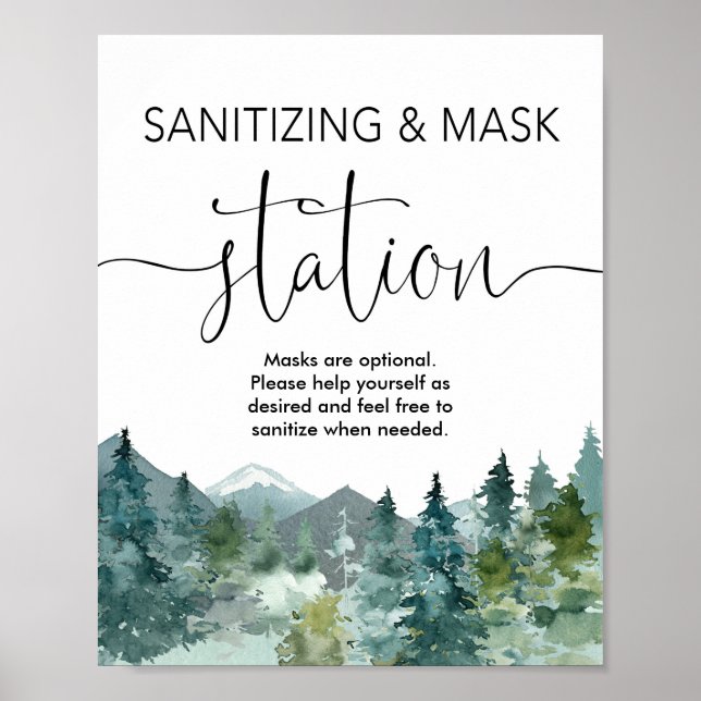 Sanitising mask station sign rustic mountains (Front)