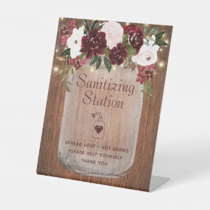 Sanitising Station Burgundy Blush Rustic Floral Pedestal Sign