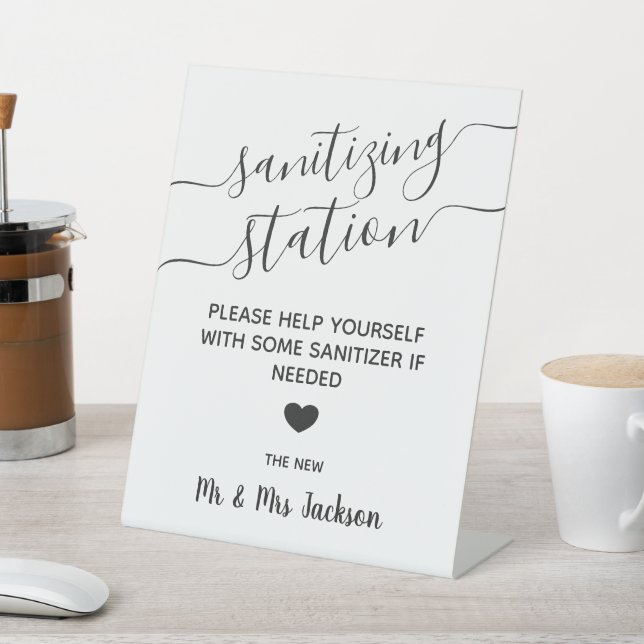 Sanitising station minimal modern wedding safety pedestal sign (In SItu)