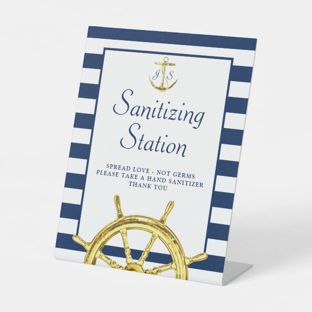 Sanitising Station Nautical Blue Gold Monogram Pedestal Sign (Front)