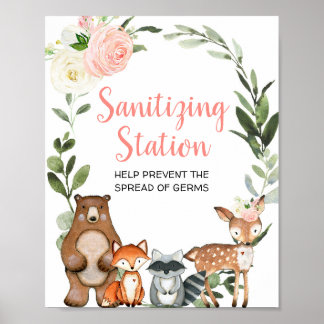 Sanitising station pink floral woodland shower poster