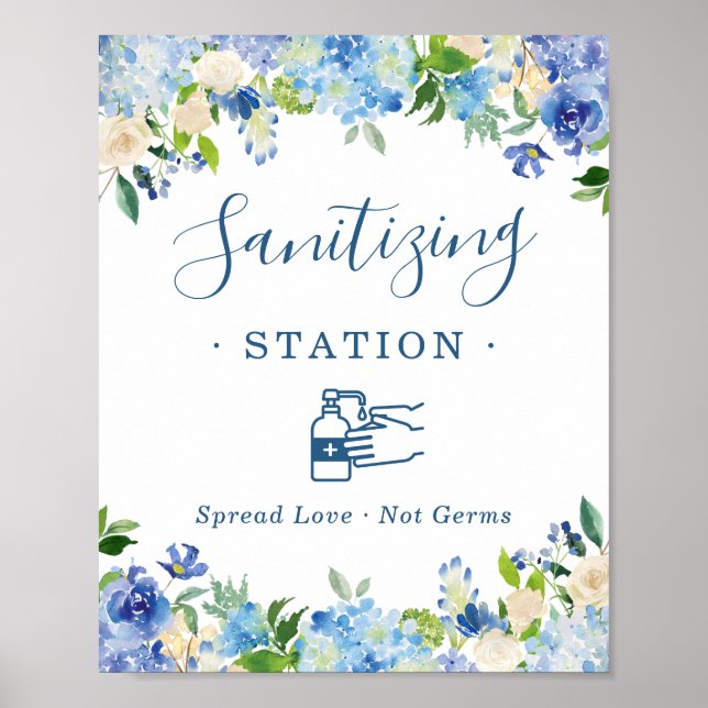 Sanitising Station Sign Blue Hydrangea Floral (Front)