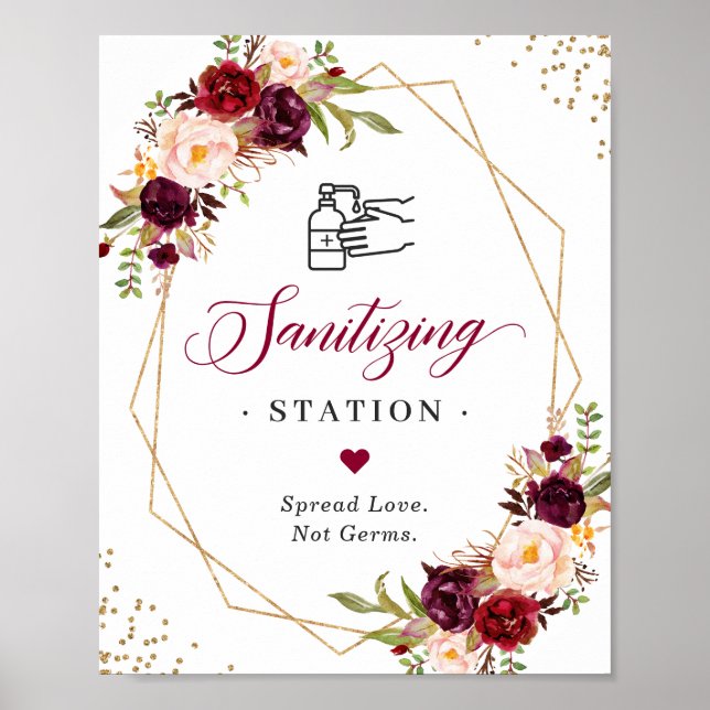 Sanitising Station Sign Burgundy Floral Gold Frame (Front)