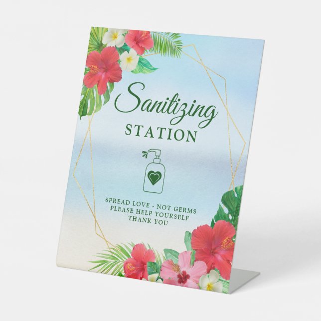 Sanitising Station Tropical Floral Gold Geometric  Pedestal Sign (Front)