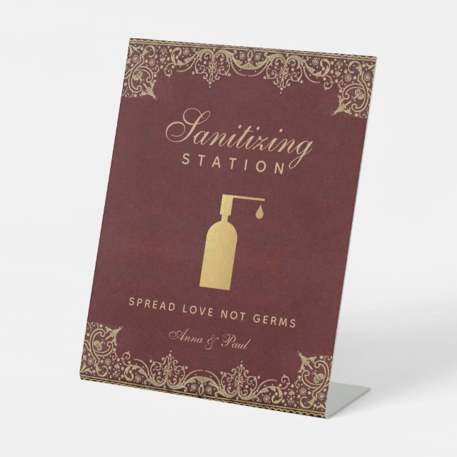 Sanitising Station Vintage Burgundy Gold Wedding  Pedestal Sign (Front)