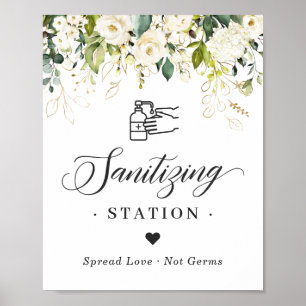 Sanitizing Station Sign Greenery White Roses