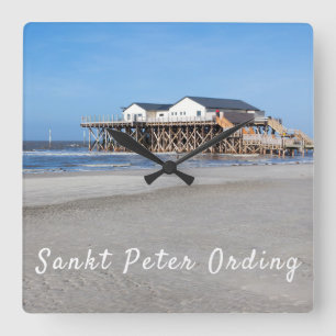 Sankt Peter Ording House on stilts photo with text Square Wall Clock