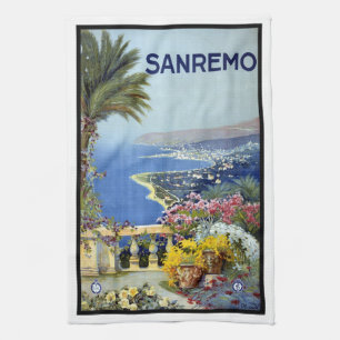 Sanremo, Italy, Italian Riviera Vintage Travel Art Tea Towel