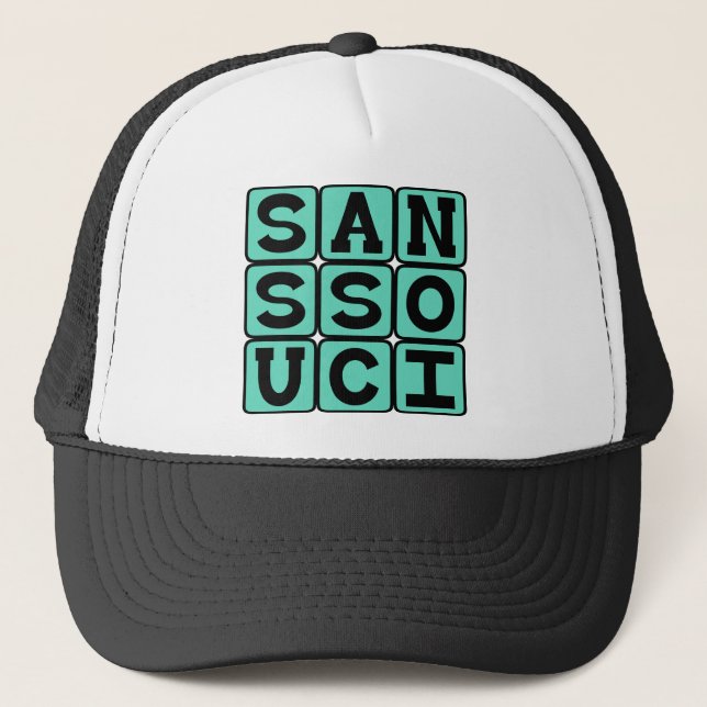 Sans Souci, No Worries Latin Phrase Trucker Hat (Front)