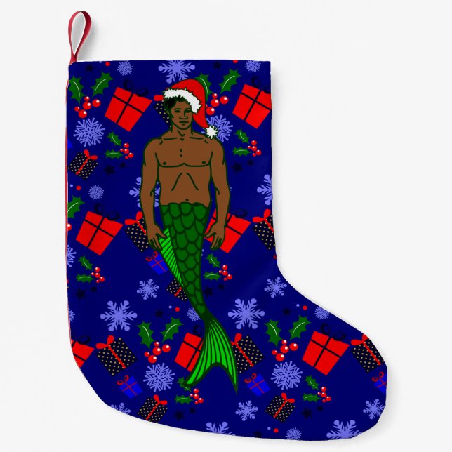 santa african black merman ugly xmas mermaid gifts small christmas stocking (Front)
