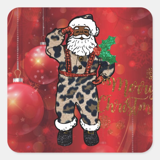 santa african leopard claus red square sticker (Front)