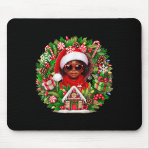 Santa Afro Kid Girl Sungles Xmas Floral Cirle Colo Mouse Pad