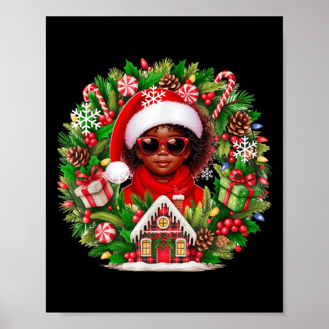 Santa Afro Kid Girl Sungles Xmas Floral Cirle Colo Poster (Front)