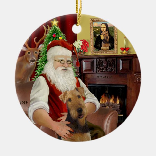 Santa-Airedale Ceramic Tree Decoration (Front)