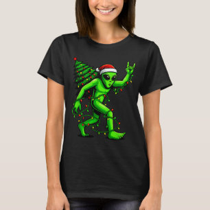 Santa Alien Christmas Tree Xmas Lights Funny Ufo  T-Shirt
