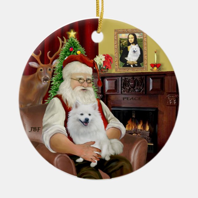 Santa-American Eskimo Dog Ceramic Tree Decoration (Front)