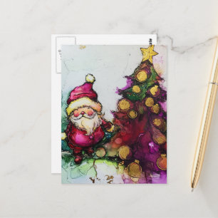 Santa and a Christmas Tree Alcohol Inks Postcard