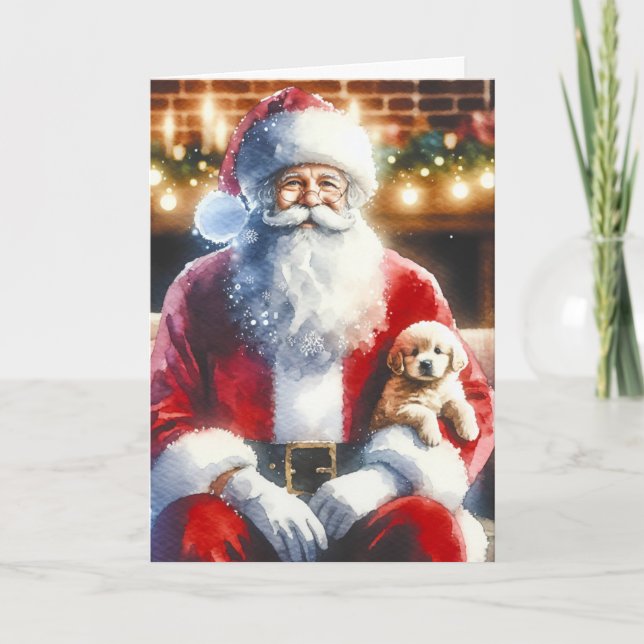 Santa and a Puppy | Vintage Christmas Holiday Card (Front)